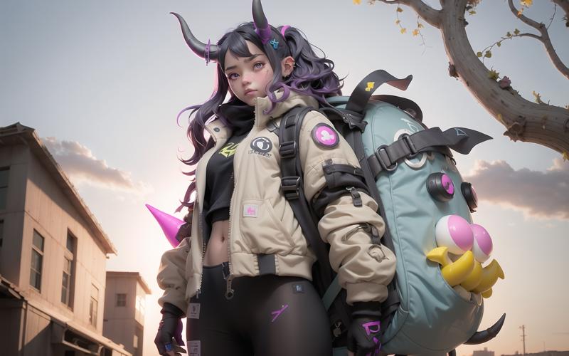 20307-878726636-nijilorahorn a pertty nijigirl with horns, wearing techwear jacket, long wavy hair, big ODD eyes, big warm grin, carrying a back.png